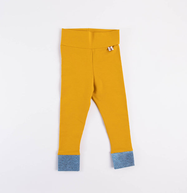 Baumwoll-Leggings - gelb mit jeansfarbenen Bund