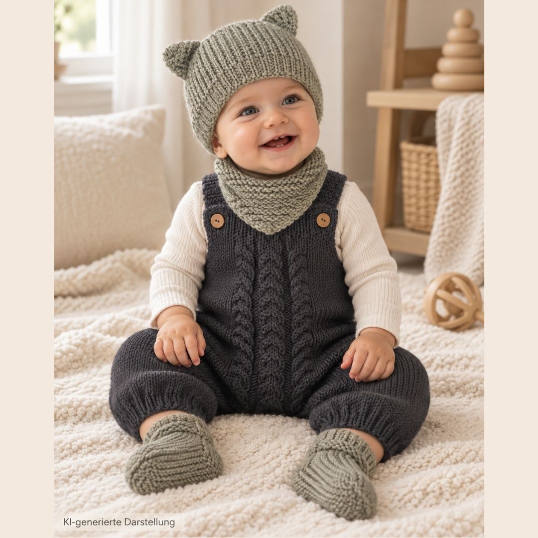 Strick-Strampler mit Zopfmuster, handgestrickt aus Bio-Merinowolle