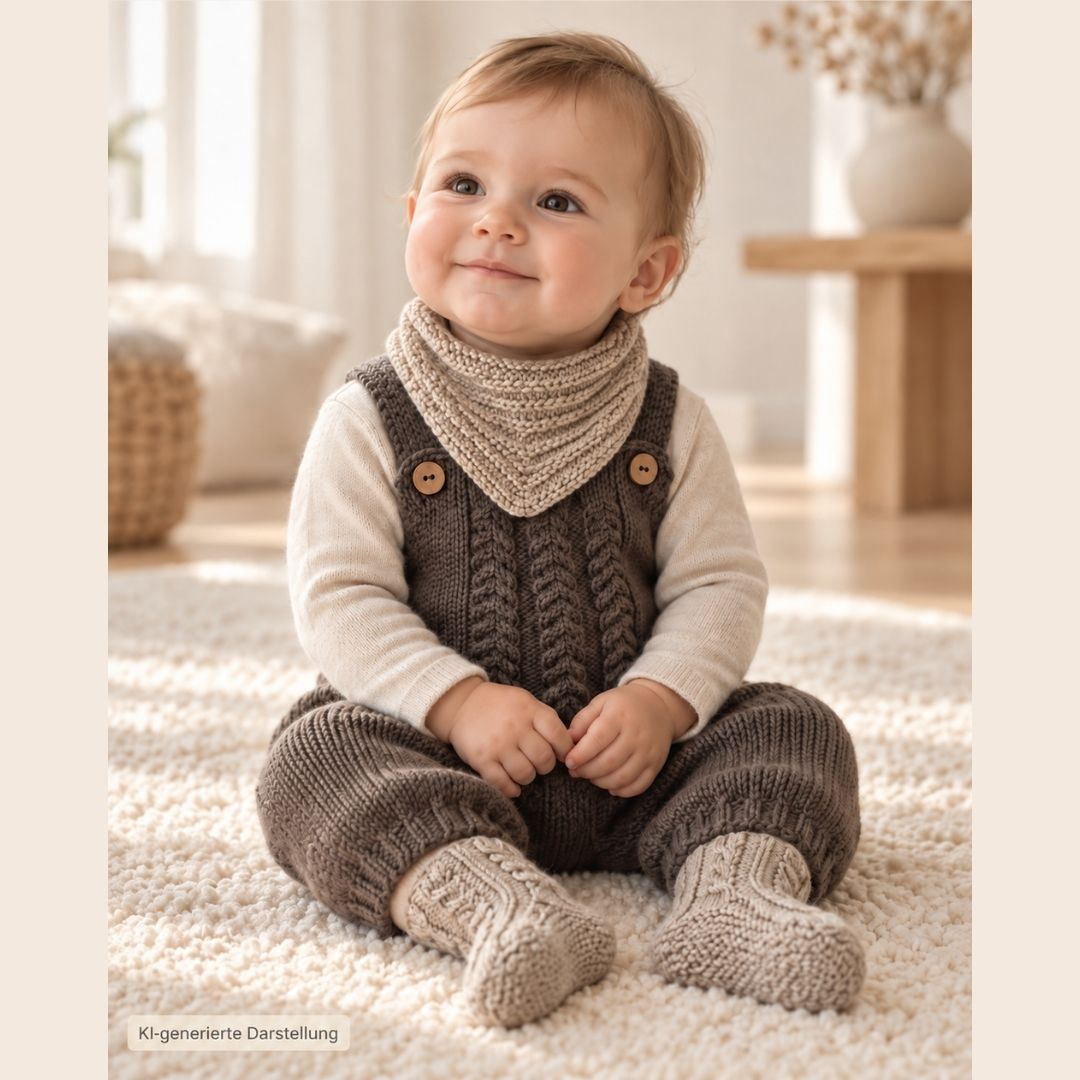 Strick-Strampler mit Zopfmuster, handgestrickt aus Bio-Merinowolle