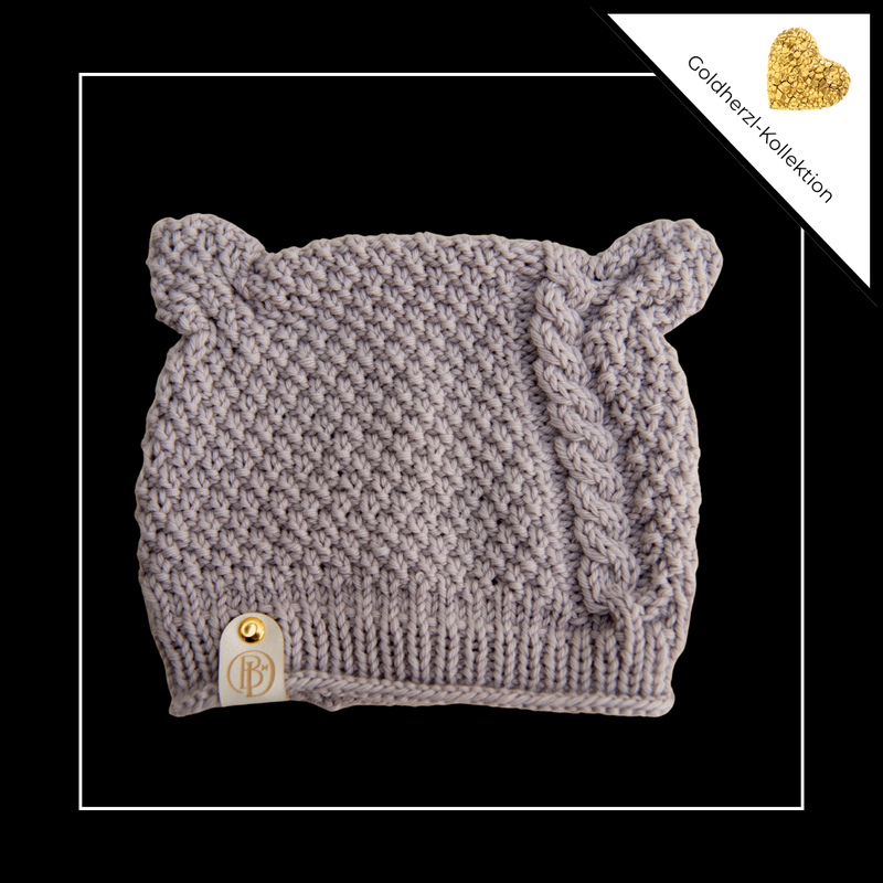 Goldherzl – handgestrickte Teddymütze aus feinster Bio-Merinowolle