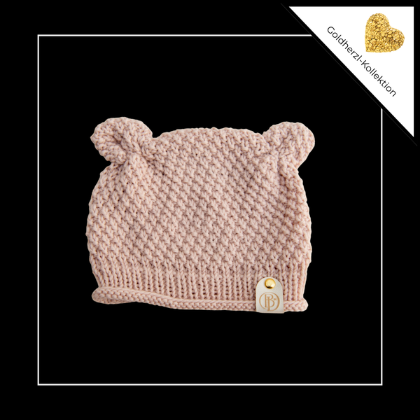 Goldherzl – handgestrickte Teddymütze aus feinster Bio-Merinowolle