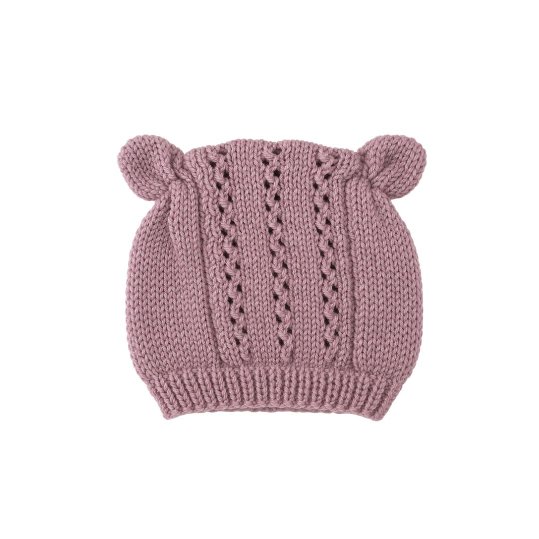 Teddymütze mit Bärenohren und Lochmuster, handgestrickt