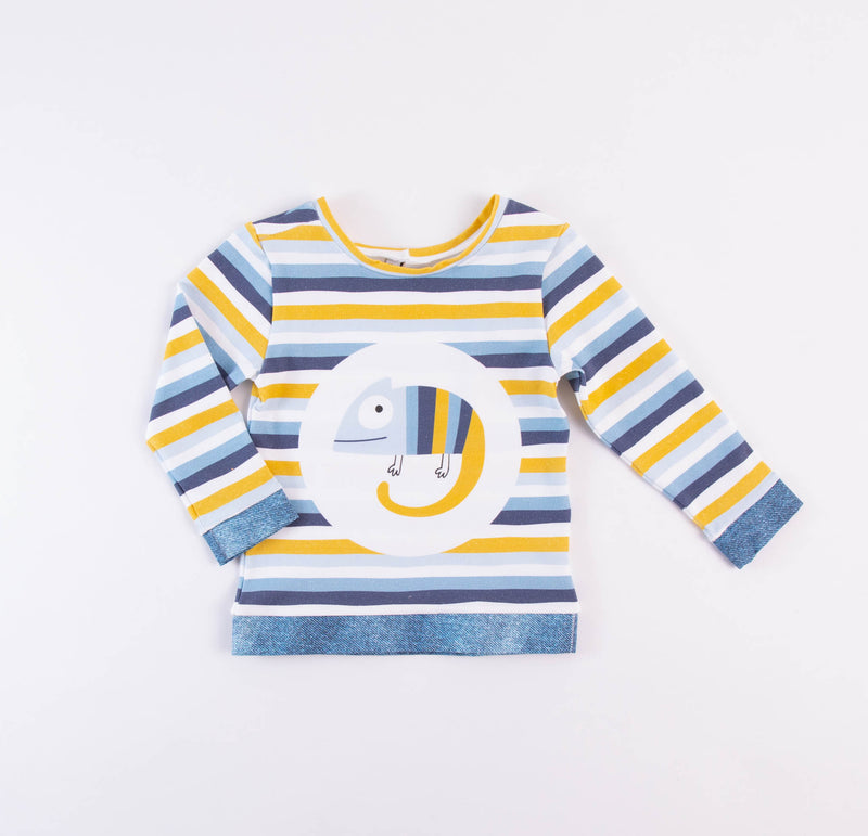 Baumwoll-Langarmshirt - blau-gelb gestreift mit Gecko– DE BAMBINI Munich