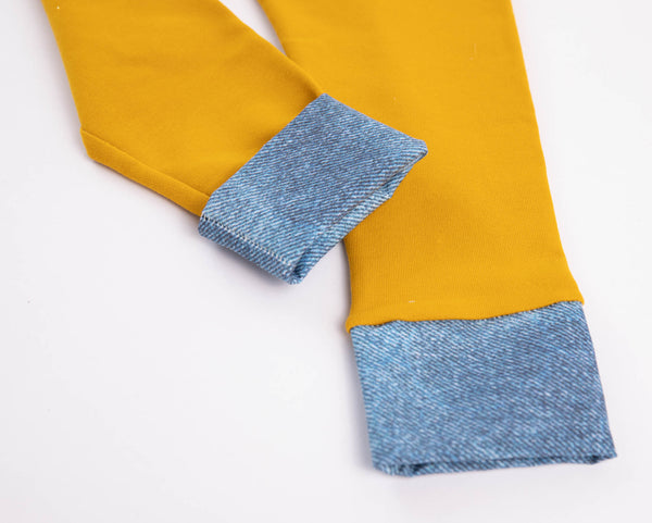 Baumwoll-Leggings - gelb mit jeansfarbenen Bund